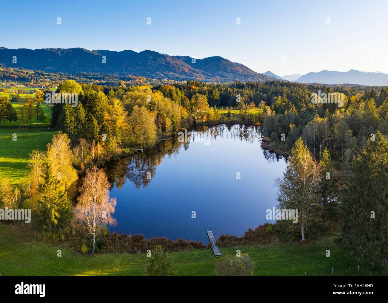 Deutschland, Bayern, Oberbayern, toelzer Land, Landschaft mit Teich Stockfoto