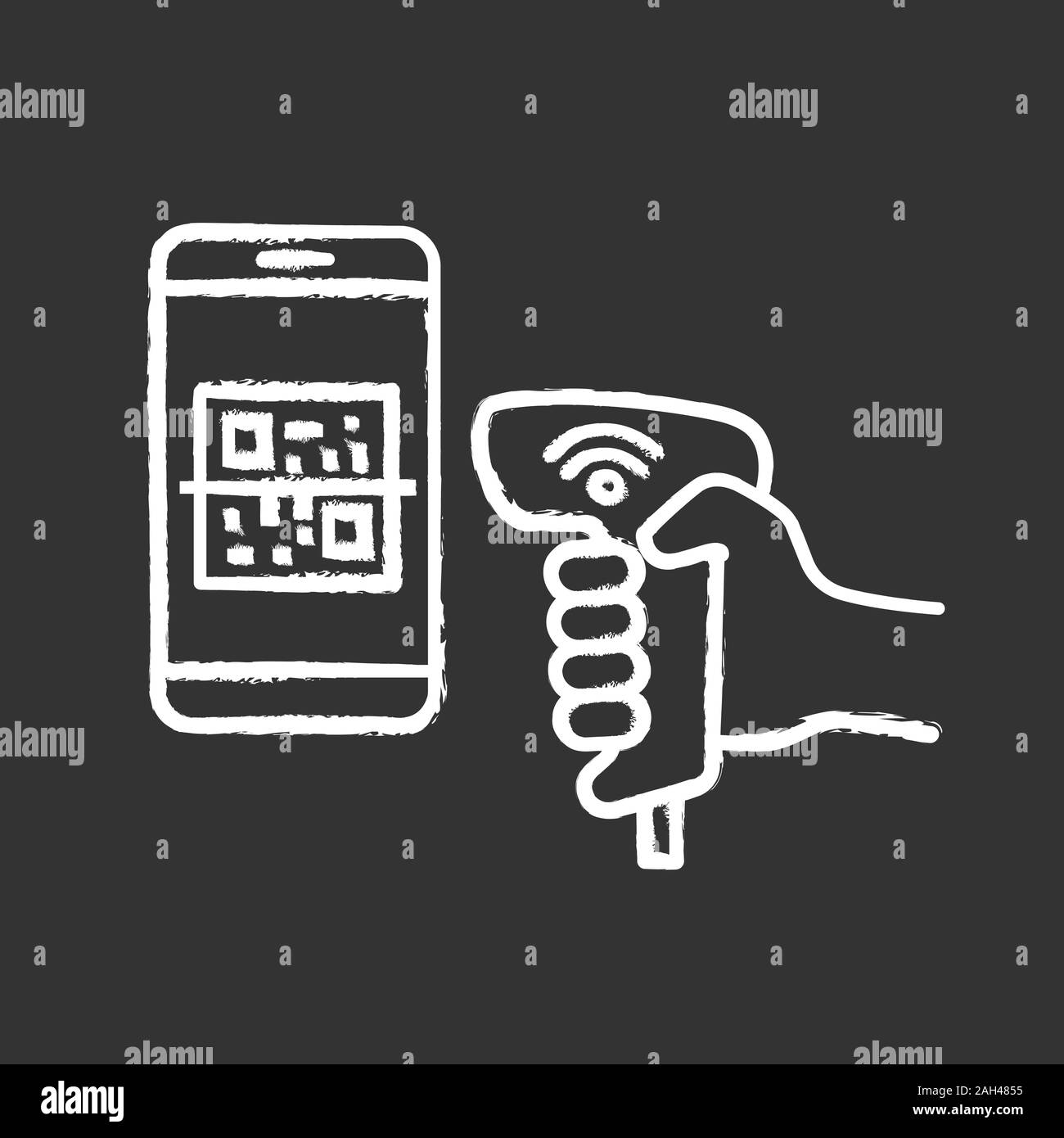 Zahlung mit QR-Code scanner scannen Telefondisplay chalk Symbol. Wlan 2D Barcode Leser. Drahtlose QR-Code Barcode scannen. Handheld matrix Barcodes sca Stock Vektor