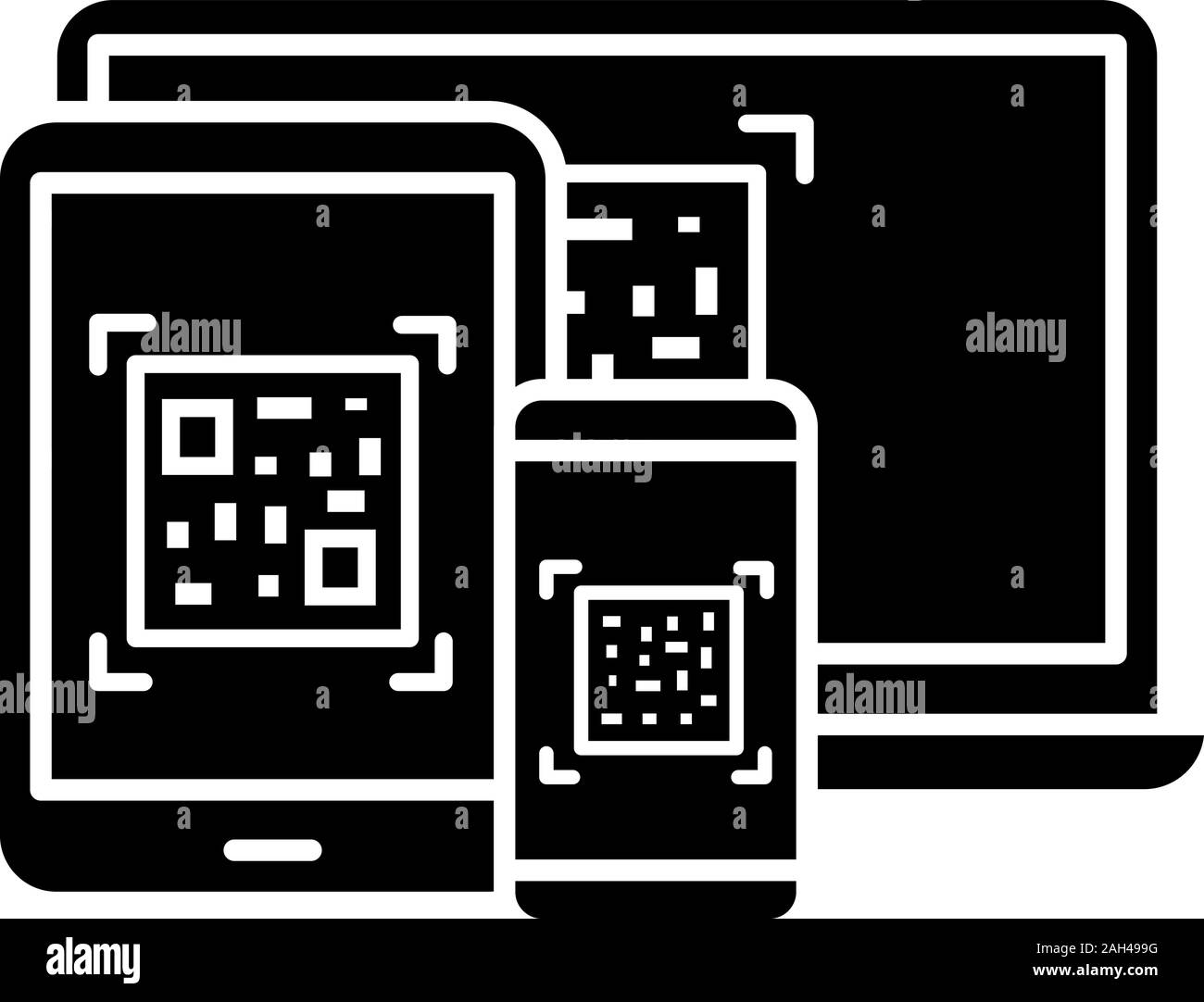 QR-Codes auf verschiedenen Geräten glyph Icon. Matrix Barcode Generator. 2D-Codes auf Laptops, Smartphones, Tablet-PC. Scannen von Barcodes lesen, Apps. Silho Stock Vektor