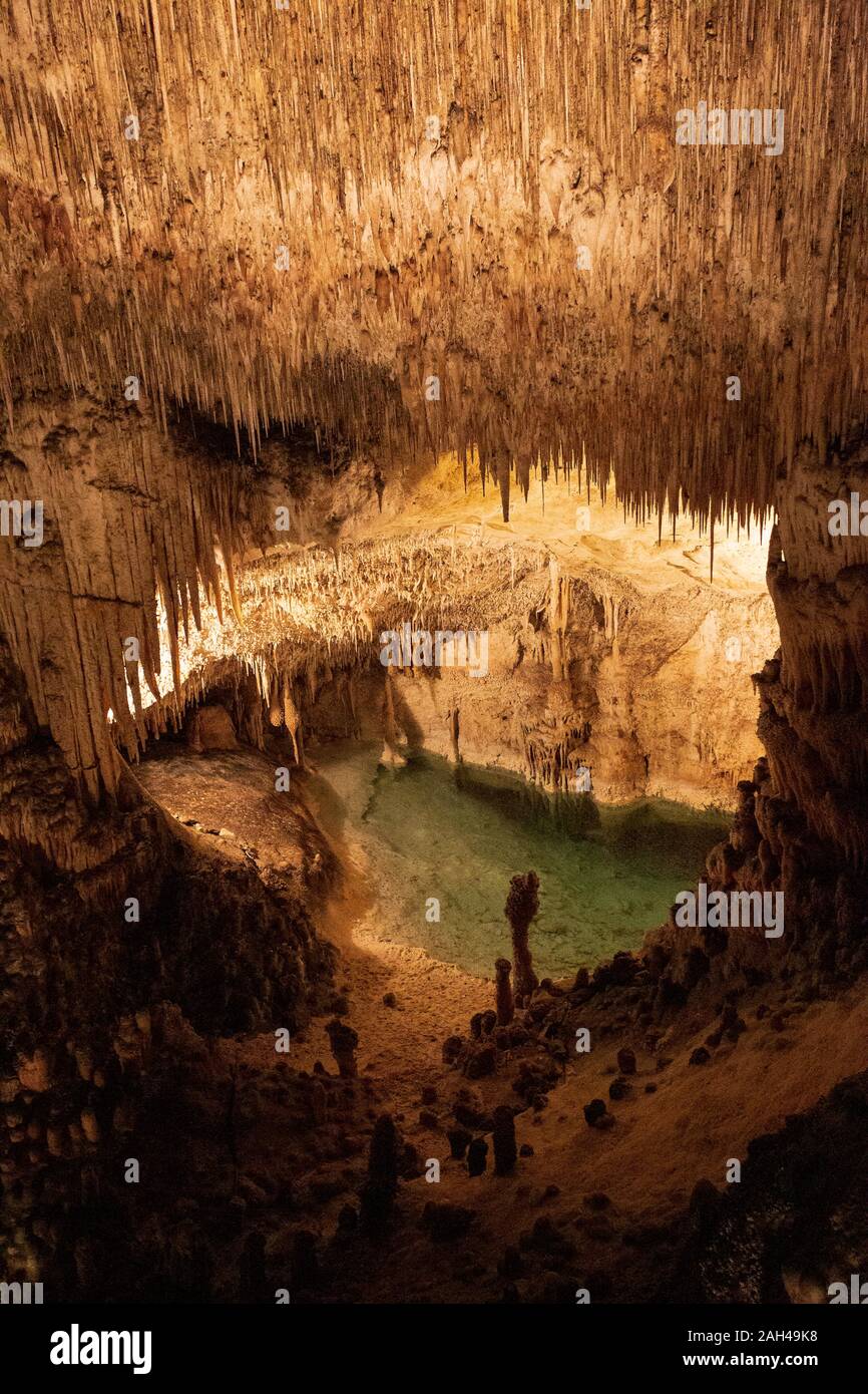 Stalagmiten und Stalaktiten in den Höhlen von Drach, Mallorca, Spanien. Stockfoto