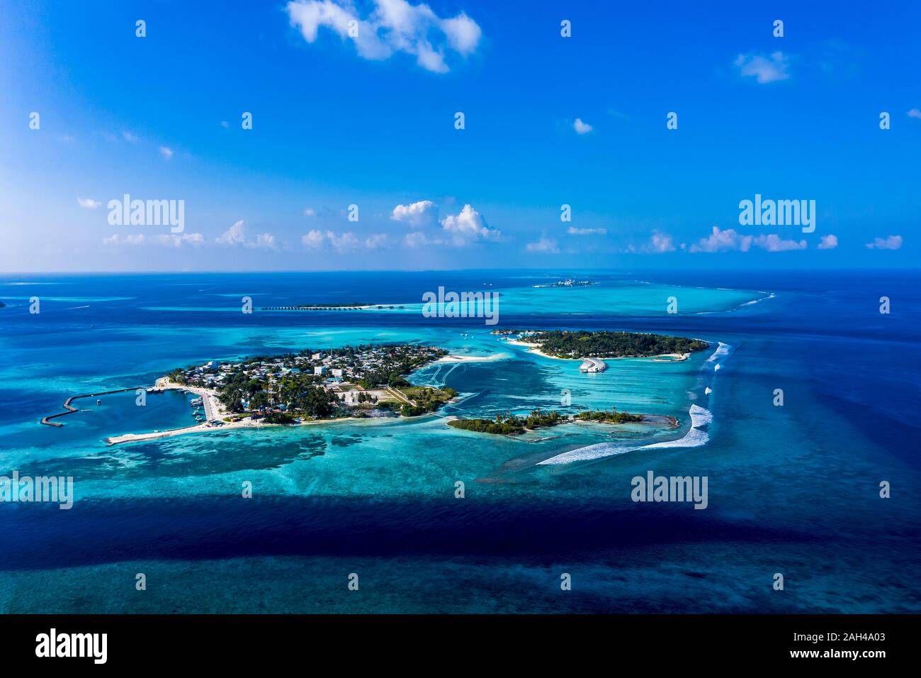 Malediven, Süd Male Atoll, Luftaufnahme von Kandooma und Guraidhoo Stockfoto