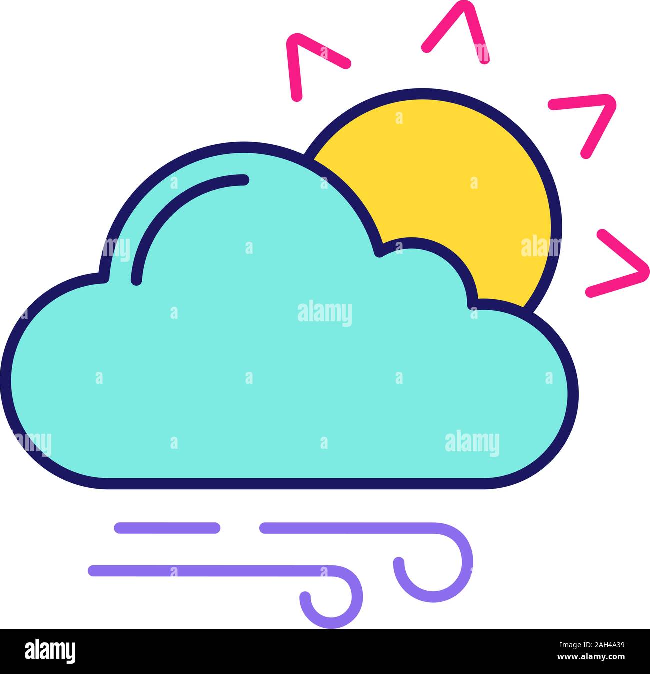 Leicht bewölkt und windig Farbe Symbol. Sonne mit Wolken und Regen. Überwiegend bewölkt. Wettervorhersage. Isolierte Vector Illustration Stock Vektor