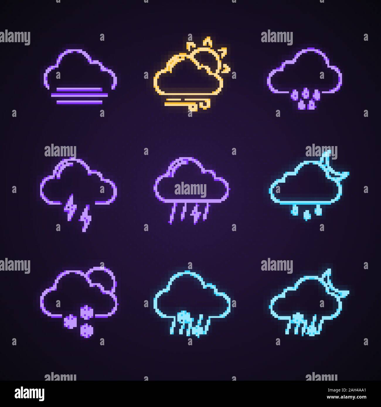 Wettervorhersage Neon Licht Symbole gesetzt. Nebel, Wind, nieselregen Regen, Gewitter, Donner, Licht Nacht Regen, Graupel, Schnee, teilweise bewölkt. Leuchtende Zeichen. Ve Stock Vektor