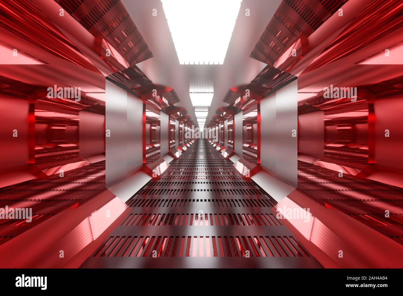 3D-gerenderte Abbildung: hell beleuchtete Gangway von sci-fi Raumschiff Stockfoto