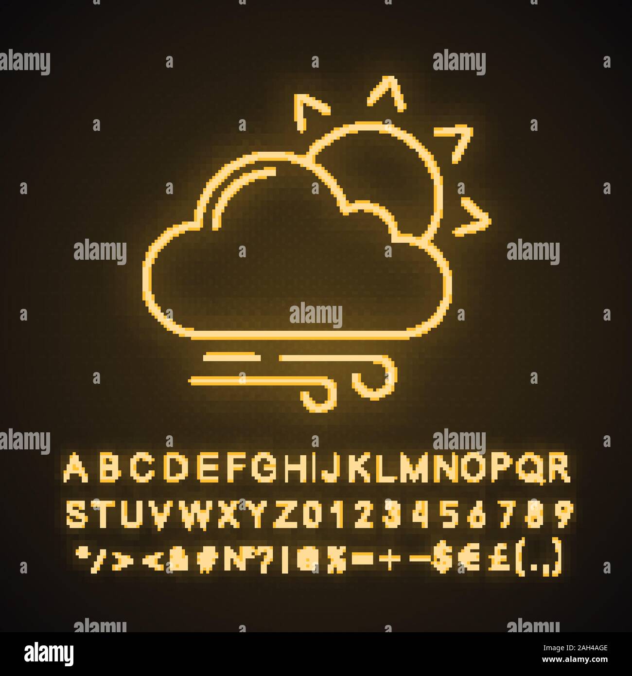 Leicht bewölkt und windig Neonlicht Symbol. Sonne mit Wolken und Regen. Überwiegend bewölkt. Wettervorhersage. Leuchtende Zeichen mit Alphabet, Zahlen und Symbolen. V Stock Vektor