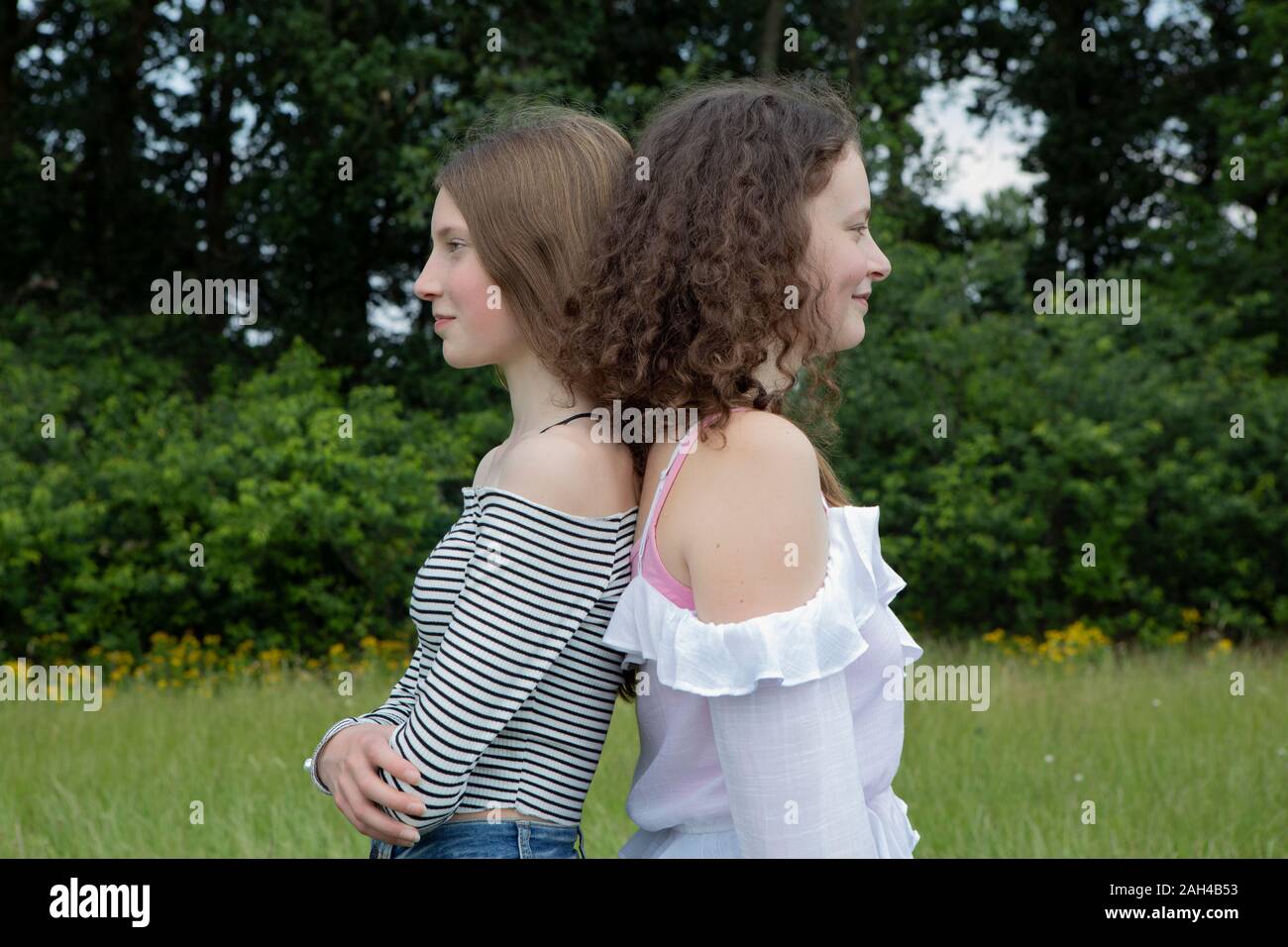Zwei beste Freunde Rücken an Rücken stehend auf einer Wiese Stockfoto