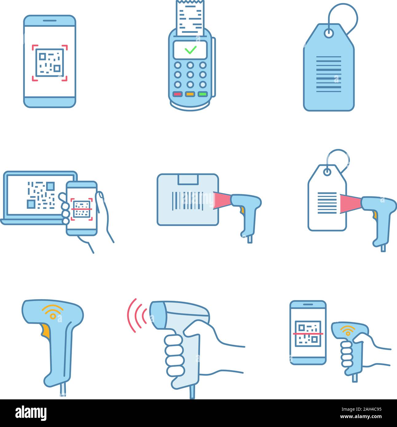 Barcodes farbige Symbole gesetzt. Smartphone Scannen von Barcodes app, Papier Eingang, hängen sie Tag, Paket bar Code scanner, Handheld, Reader. Isolierte Vektor il Stock Vektor