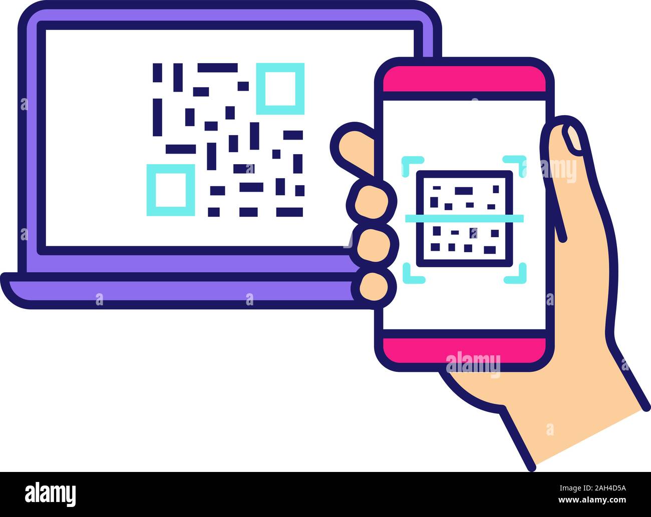 QR-Code scannen Smartphone App Farbe Symbol. Barcode Genehmigung. Handy liest Strichcode am PC-Bildschirm. Matrix Code angezeigt, die auf Notebook scannen Stock Vektor