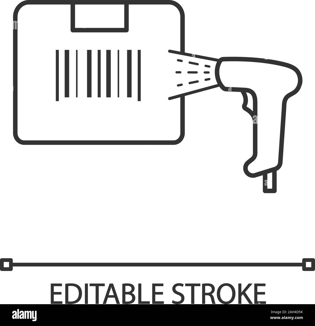 Etikett scannen mit Barcode Scanner lineare Symbol. Paket bar Code. Barcode Handheld reader. Dünne Linie Abbildung. Inventory Control. Lieferung ser Stock Vektor