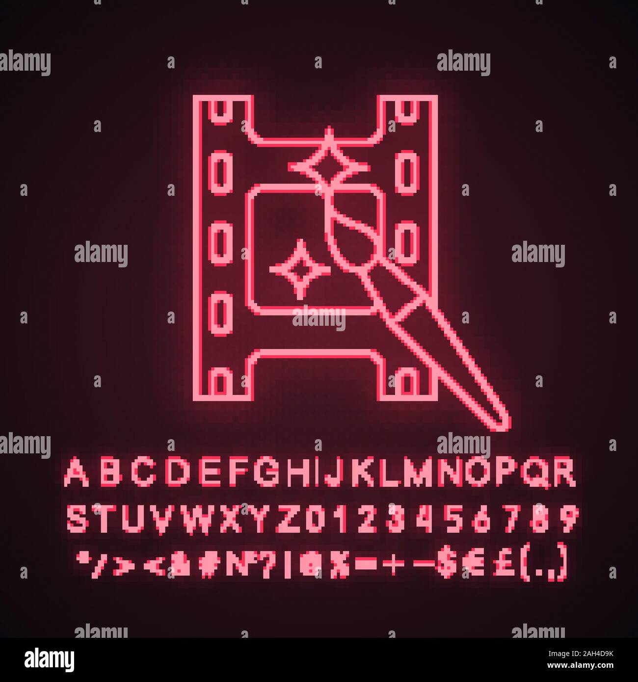 Video Editing software Neon Licht Symbol. Grafik Design. Film Making. Video Editor. Leuchtende Zeichen mit Alphabet, Zahlen und Symbolen. Vektor isolierte i Stock Vektor