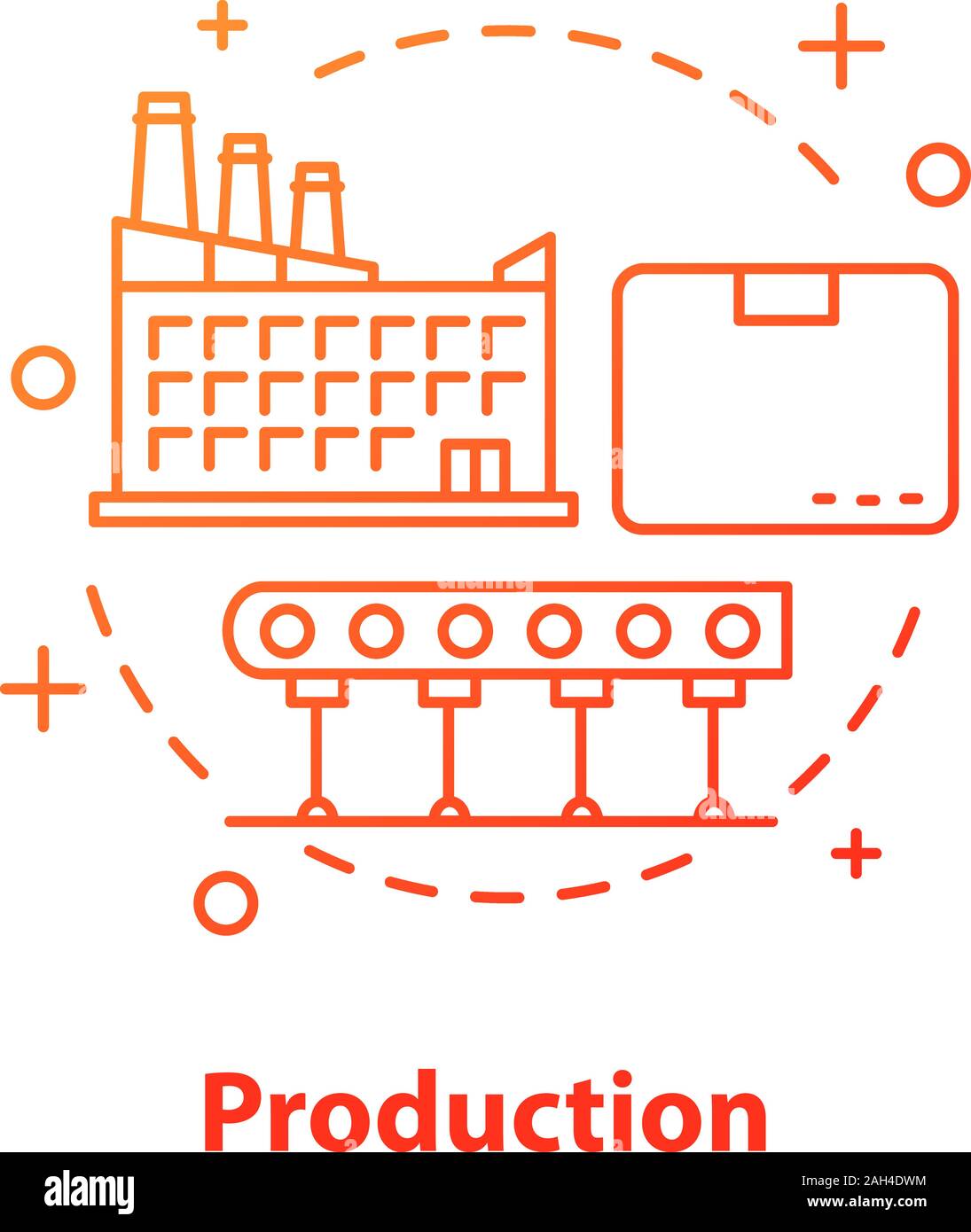 Produktionskonzept Symbol. Fertigung. Industrie Idee dünne Linie Abbildung. Werk. Vektor isoliert Maßbild Stock Vektor