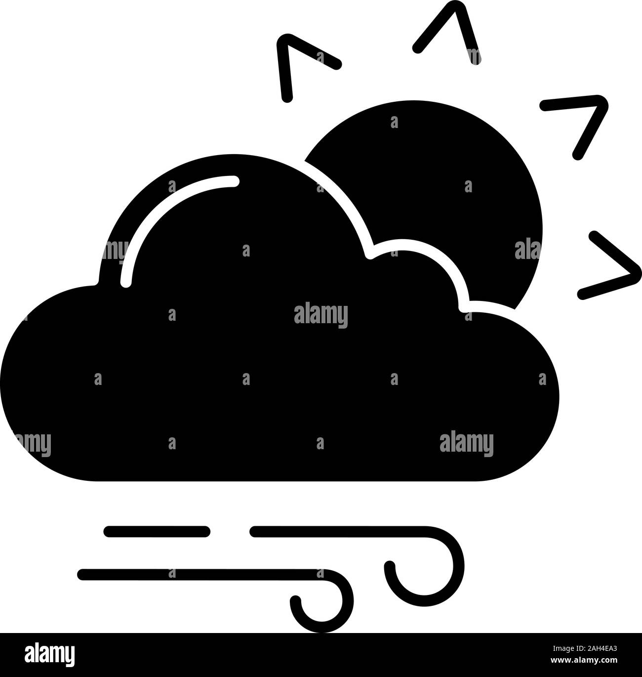 Leicht bewölkt und windig Glyph icon. Sonne mit Wolken und Regen. Überwiegend bewölkt. Wettervorhersage. Silhouette Symbol. Negativer Platz. Vektor isoliert Illu Stock Vektor