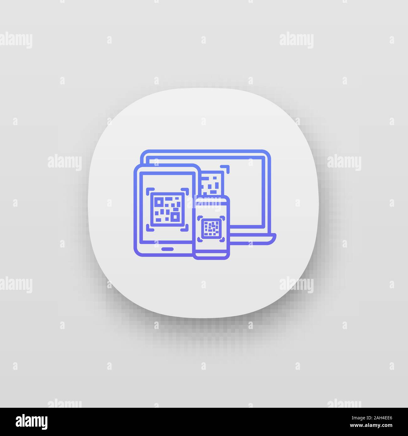 QR-Codes auf verschiedenen Geräten App Symbol. Matrix Barcode Generator. 2D-Codes auf Laptops, Smartphones, Tablet-PC. Data Matrix. Lesen von Barcodes, Scannen von Stock Vektor