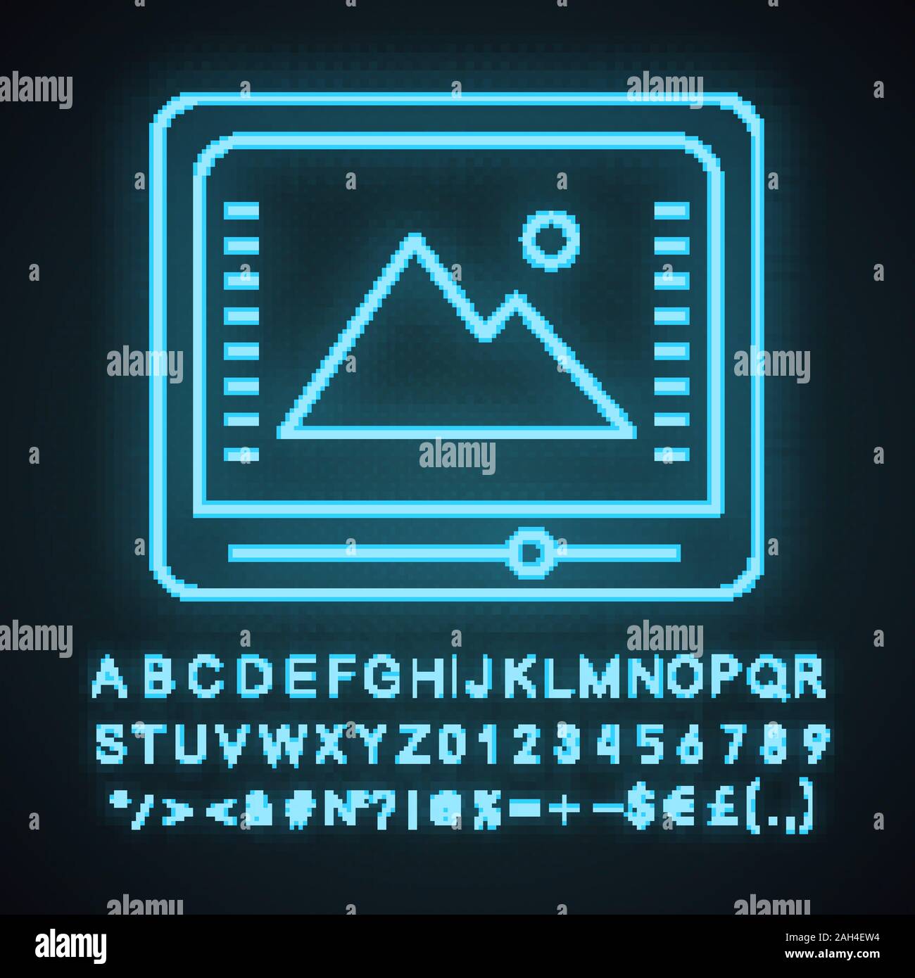 Farbe Korrektur und Benotung Neonlicht Symbol. Foto, Video bearbeiten. Kinematographie. Color Management. Leuchtende Zeichen mit Alphabet, Zahlen und Symbolen. Stock Vektor