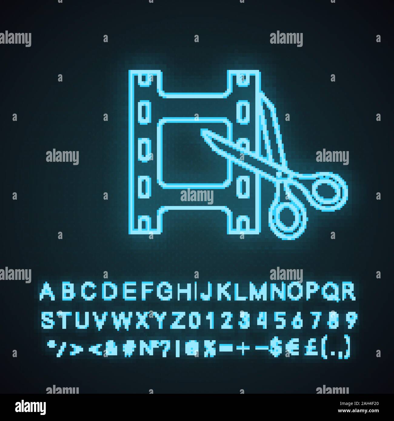 Video Editing software Neon Licht Symbol. Film Making. Video schneiden. Filmstreifen mit einer Schere. Leuchtende Zeichen mit Alphabet, Zahlen und Symbolen. Vektor i Stock Vektor