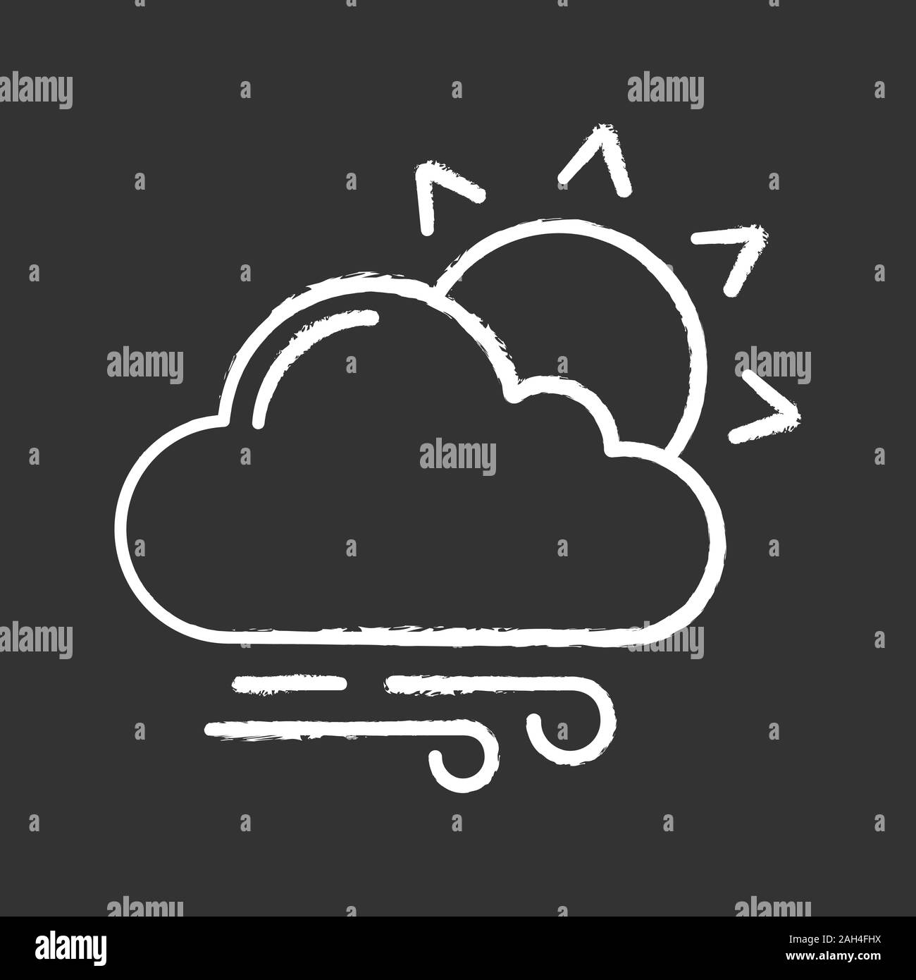 Leicht bewölkt und windig Chalk Symbol. Sonne mit Wolken und Regen. Überwiegend bewölkt. Wettervorhersage. Isolierte vektor Tafel Abbildung Stock Vektor