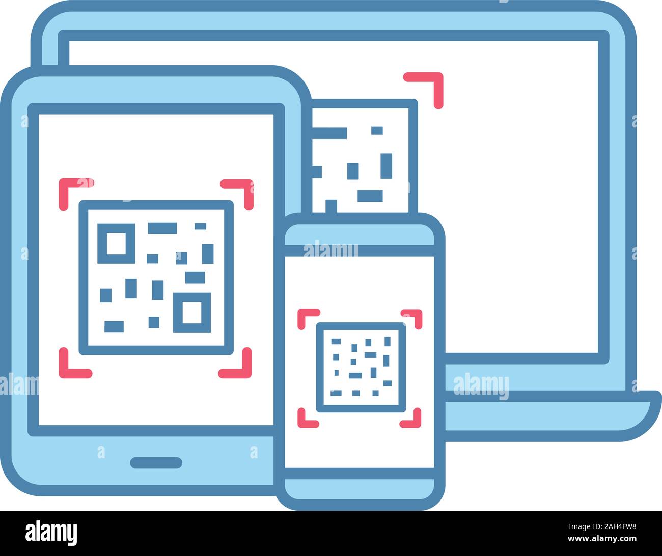 QR-Codes auf verschiedenen Geräten Farbe Symbol. Matrix Barcode Generator. 2D-Codes auf Laptops, Smartphones und Tablet PC. Data Matrix. Barcodes lesen und s Stock Vektor