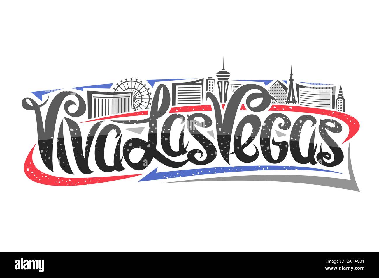 Vektor logo für Las Vegas, dekorative Umrisse Abbildung mit abstrakten Architektur Eiffelturm und Riesenrad, elegante Schriftzug - Viva Las Vega Stock Vektor