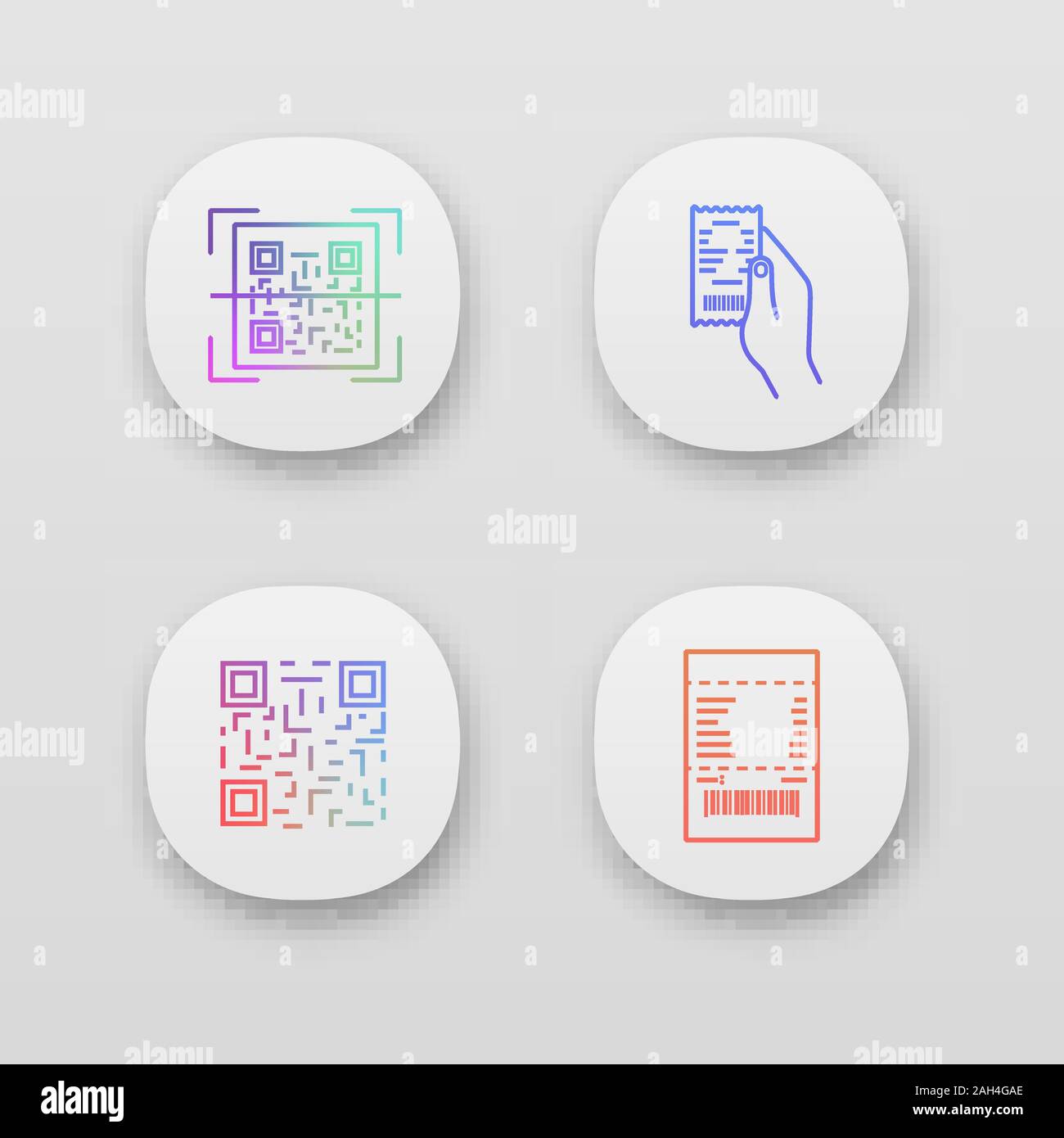Barcodes App Icons einstellen. UI/UX-Benutzeroberfläche. QR-Code scannen, Papier Quittung in der Hand, Matrix Barcode, Papier prüfen. Web oder mobile Anwendungen. Vektor Stock Vektor