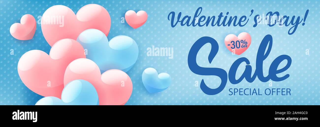 Valentines Tag Shopping verkauf Einladung Werbung Banner mit rosa Herzen auf blauem Hintergrund, Vector Illustration. Stock Vektor