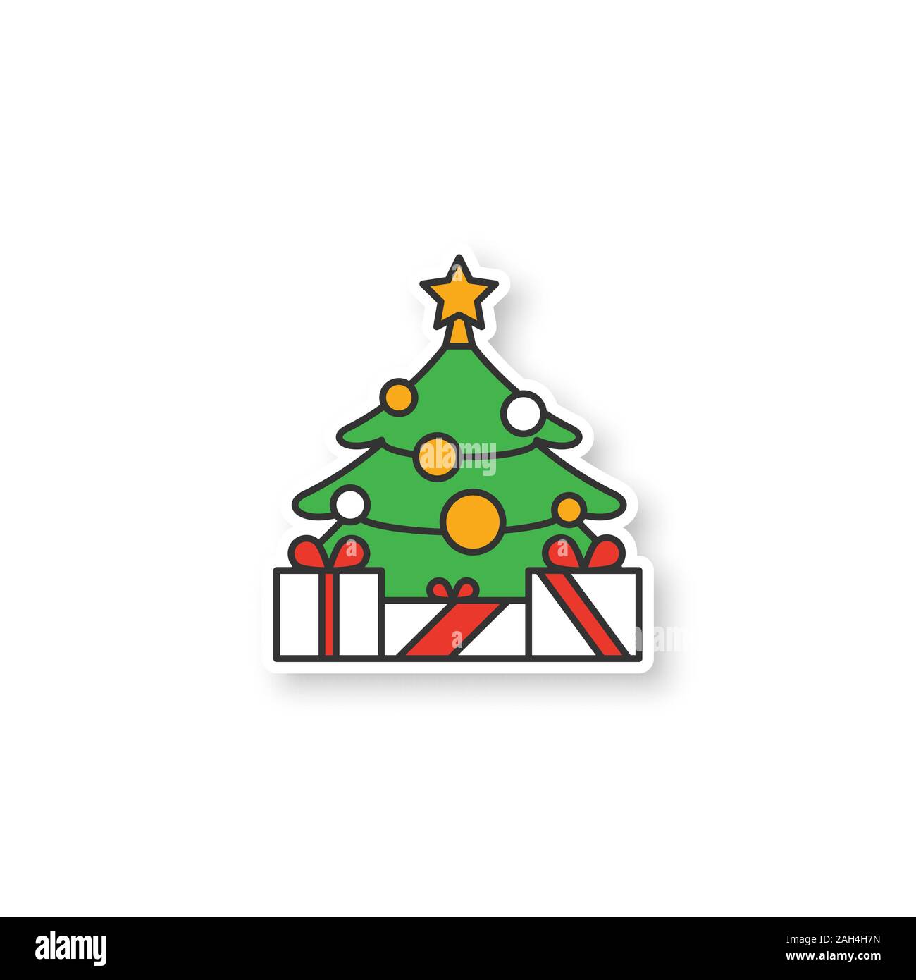 Tannenbaum mit Stern und Geschenke Patch. Geschmückten Weihnachtsbaum mit  Geschenken. Farbe Aufkleber. Vektor isoliert Abbildung Stock-Vektorgrafik -  Alamy