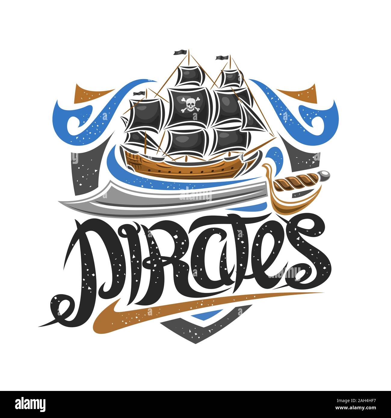Vektor Logo für die Piratenpartei, dekorative Konzept mit Abbildung: Segelboot, cartoon Schwert und ursprünglichen Bürste Schrift für Wort Piraten, Buccaneer Stock Vektor