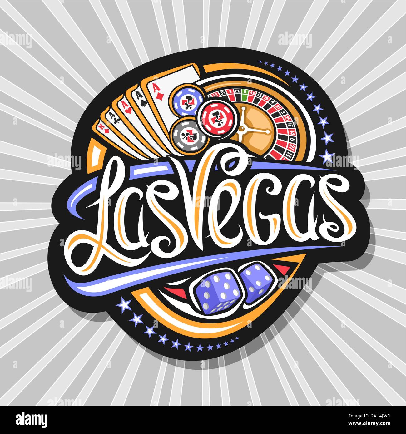 Vektor logo für Las Vegas, dunklen dekorative Tag mit der Abbildung von vier Art Asse und Roulette, Schild mit original Schriftzug für Wörter Las Vega Stock Vektor