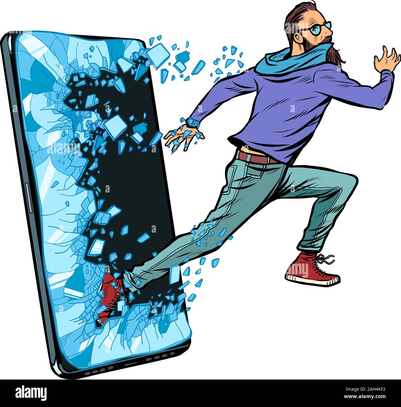 Hipster Mann läuft Handy Gadget Smartphone. Service-Programm für Online-Anwendungen Stock Vektor