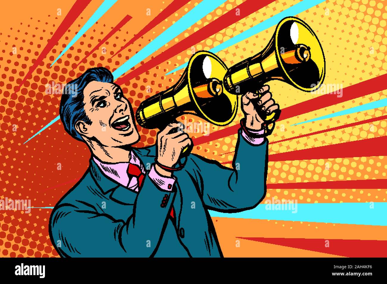 Geschäftsmann mit einem Megaphon. Ankündigung Werbung Stock Vektor