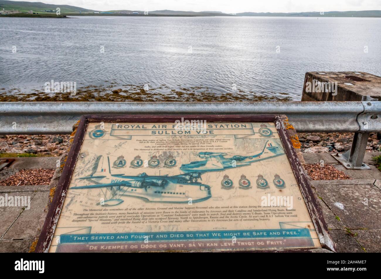 Touristische Informationen über die RAF Sullom Voe in Shetland, ein WWII Flugboot base. Stockfoto