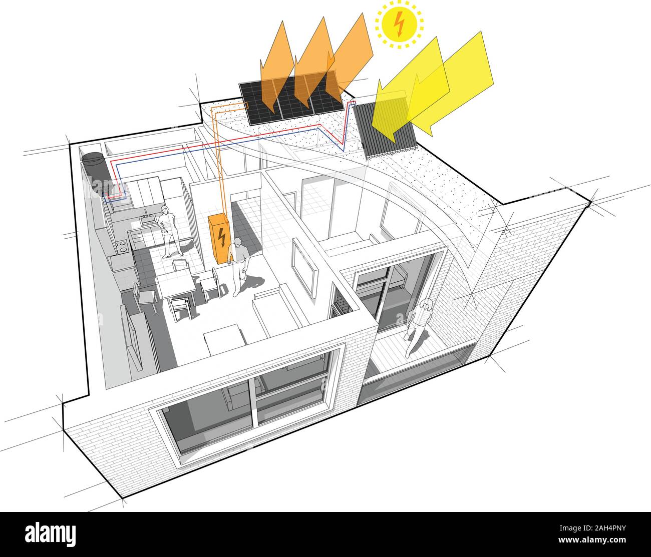 Diagramm für ein Apartment mit einem Schlafzimmer komplett mit zusätzlichen solare Wasser-Heizung-panels und Sonnenkollektoren auf dem Dach eingerichtet als Quelle von El Stock Vektor
