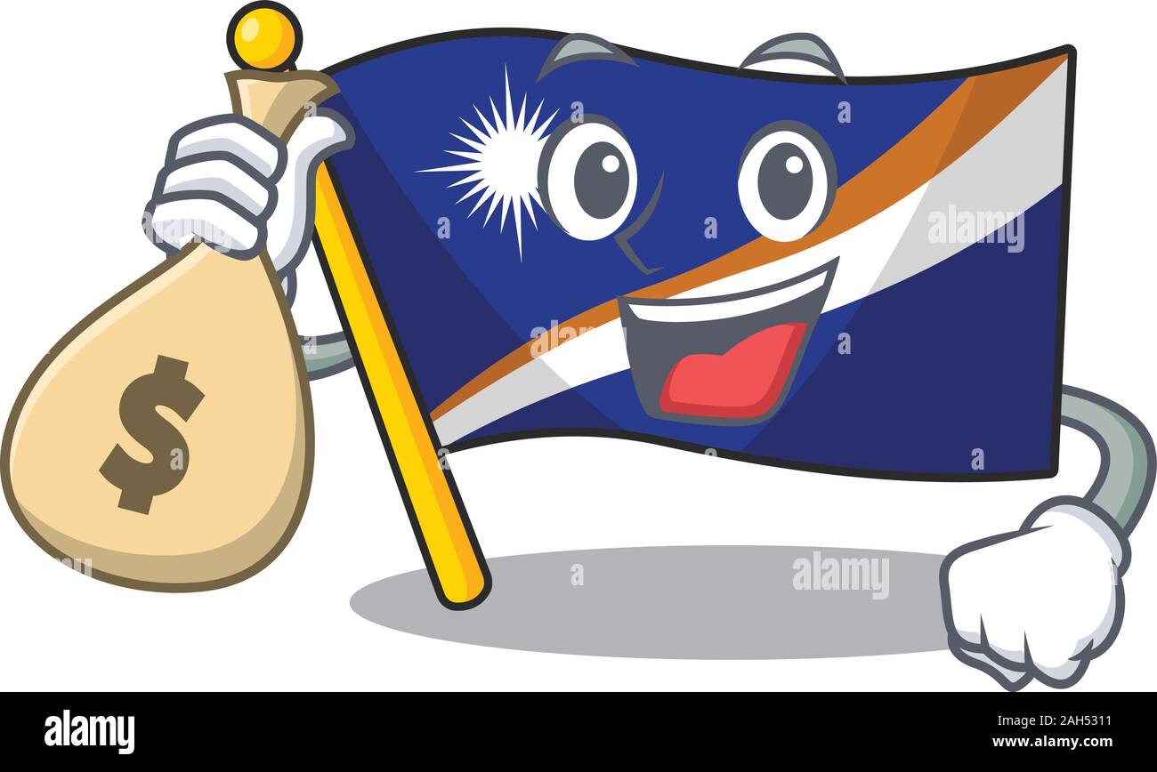 Smiley Flagge marshall Insel Blättern Zeichentrickfigur mit Geld beutel Stock Vektor