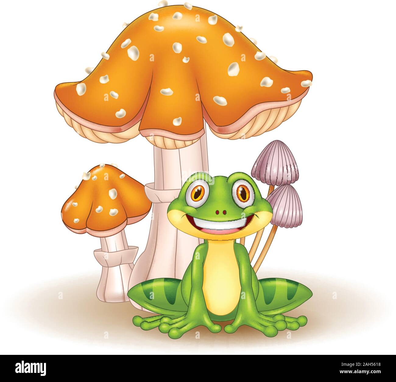 Cartoon lustige Frosch mit Pilzen Stock Vektor
