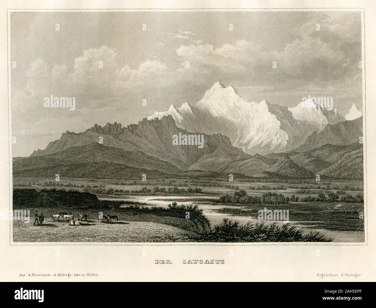 Russland, Georgien, Aserbaidschan, Blick auf die Gebirgskette des Kaukasus, im Vordergrund eine Flußlandschaft, Motiv aus: "Meyers Universum'. Ein Volksbuch, enthaltend Abbildung und Beschreibung des Sehenswerthesten und Merkwürdigsten in Natur und Kunst, Verlag: Bibliographische Institut, Hildburghausen, 1859. /Russland, Georgien, Aserbaidschan, Kaukasus, Blick auf die Berge, im Vordergrund ein Flusslandschaft, Bild aus: "Meyers Universum', Verlag: Bibliographische Institut, Hildburghausen, 1859. Stockfoto
