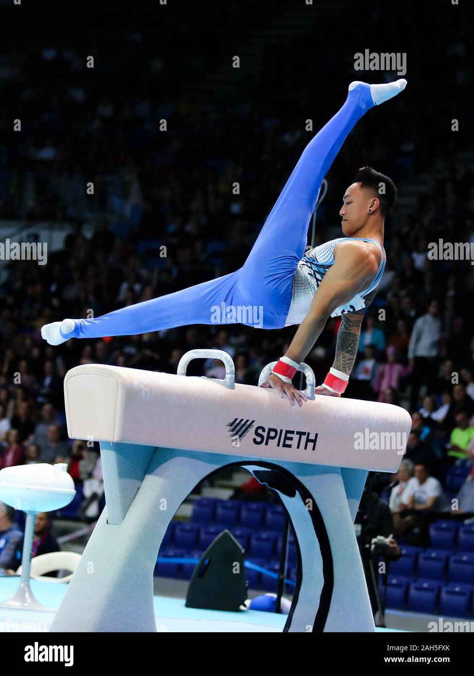 Stettin, Polen, 13. April 2019: Marios Georgiou von Zypern konkurriert auf dem Pferd während der Europäischen Gymnastik Meisterschaften in Stettin Stockfoto