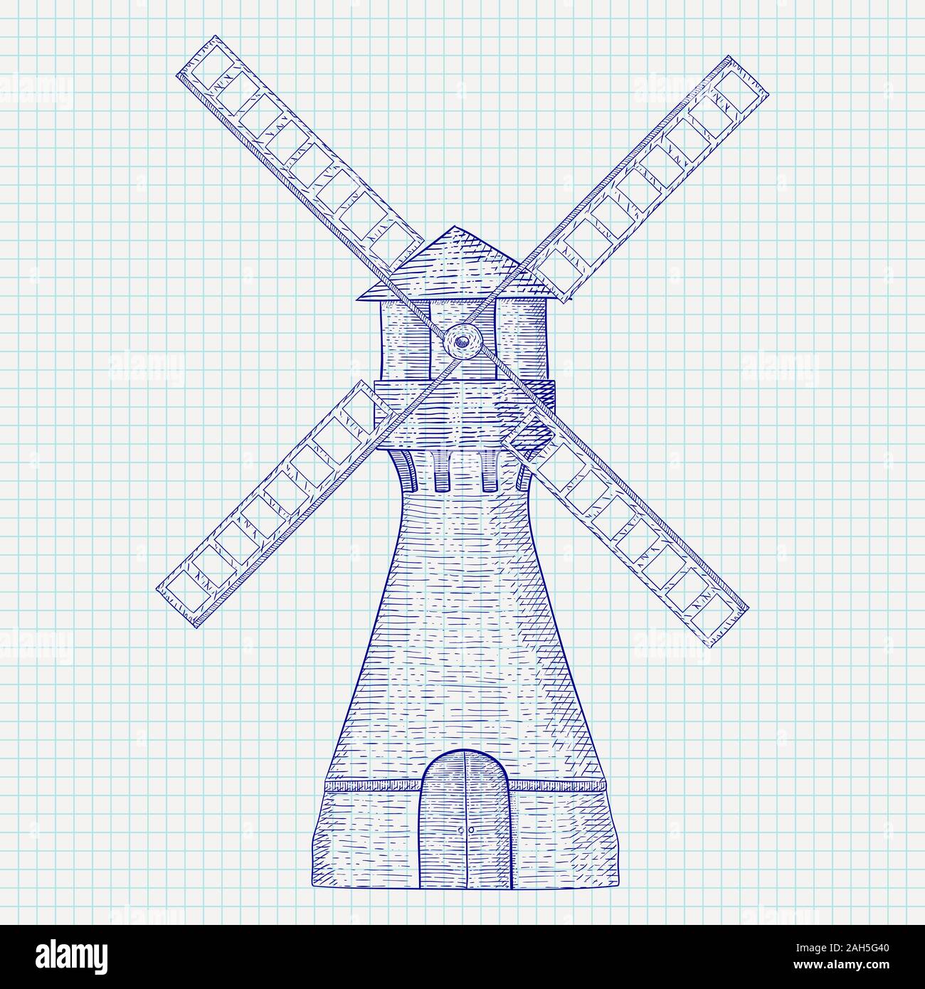 Windmühle. Hand gezeichnete Skizze. Vector Illustration isoliert auf Notebook Blatt hintergrund. Stock Vektor