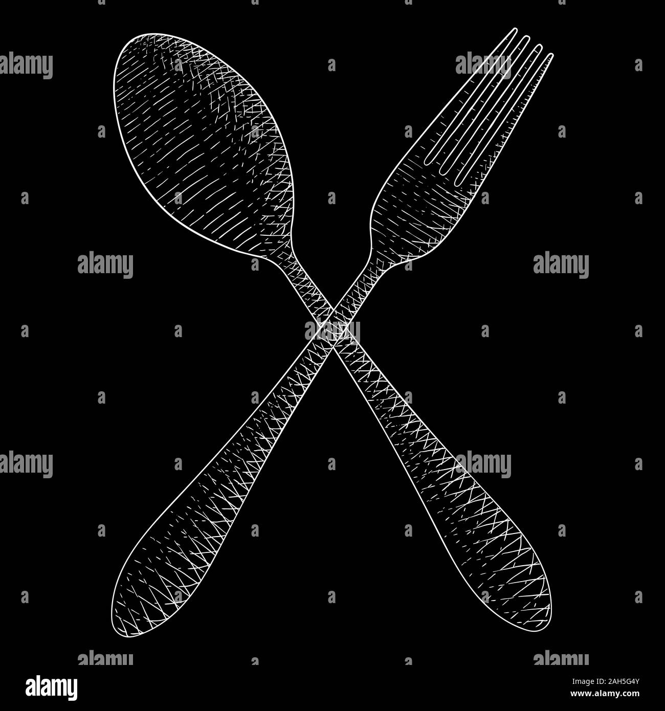 Besteck. Löffel und Gabel. Hand gezeichnete Skizze. Weiß auf schwarzem Hintergrund. Vector Illustration. Stock Vektor
