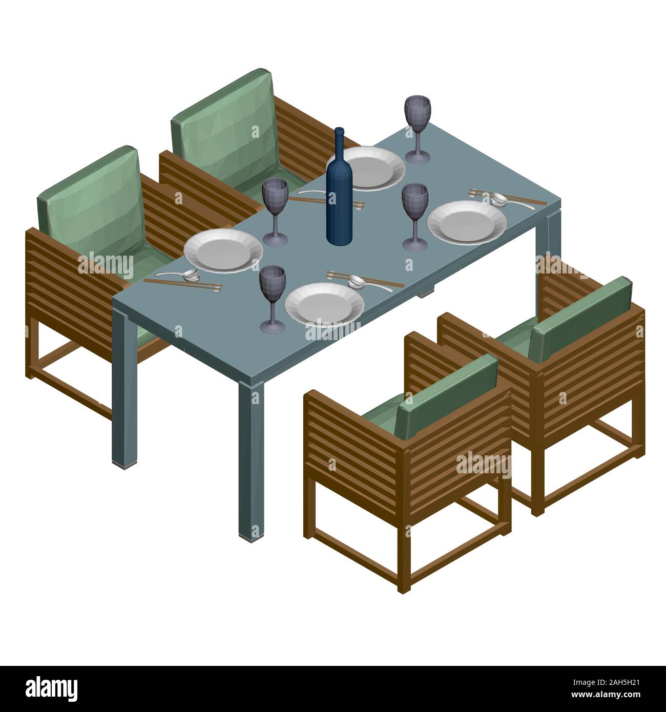 Tabelle mit Tellern, Gläsern und einer Flasche Wein. Japanisches Essen. Vier Sesseln neben einem rechteckigen Tisch. Isometrische Ansicht. 3D. Vector Illustration. Stock Vektor