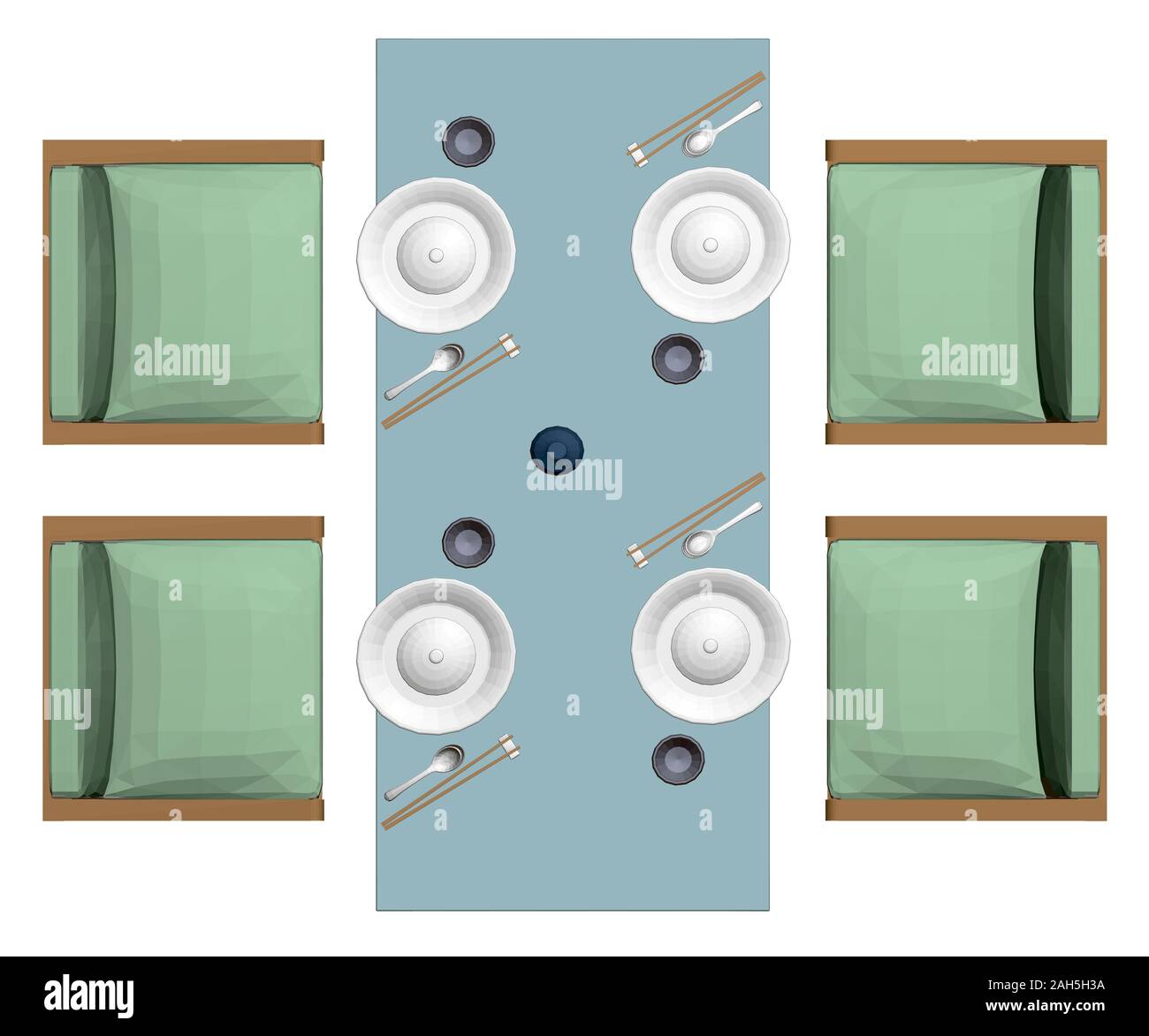 Tabelle mit Tellern, Gläsern und einer Flasche Wein. Japanisches Essen. Vier Sesseln neben einem rechteckigen Tisch. Blick von oben. 3D. Vector Illustration. Stock Vektor