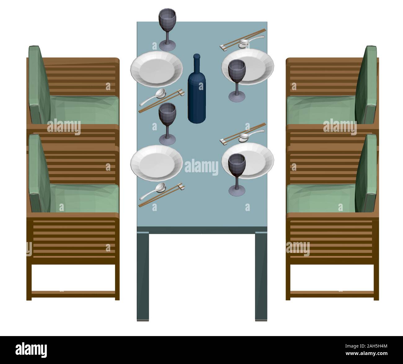 Tabelle mit Tellern, Gläsern und einer Flasche Wein. Japanisches Essen. Vier Sesseln neben einem rechteckigen Tisch. Isometrische Ansicht. 3D. Vector Illustration. Stock Vektor