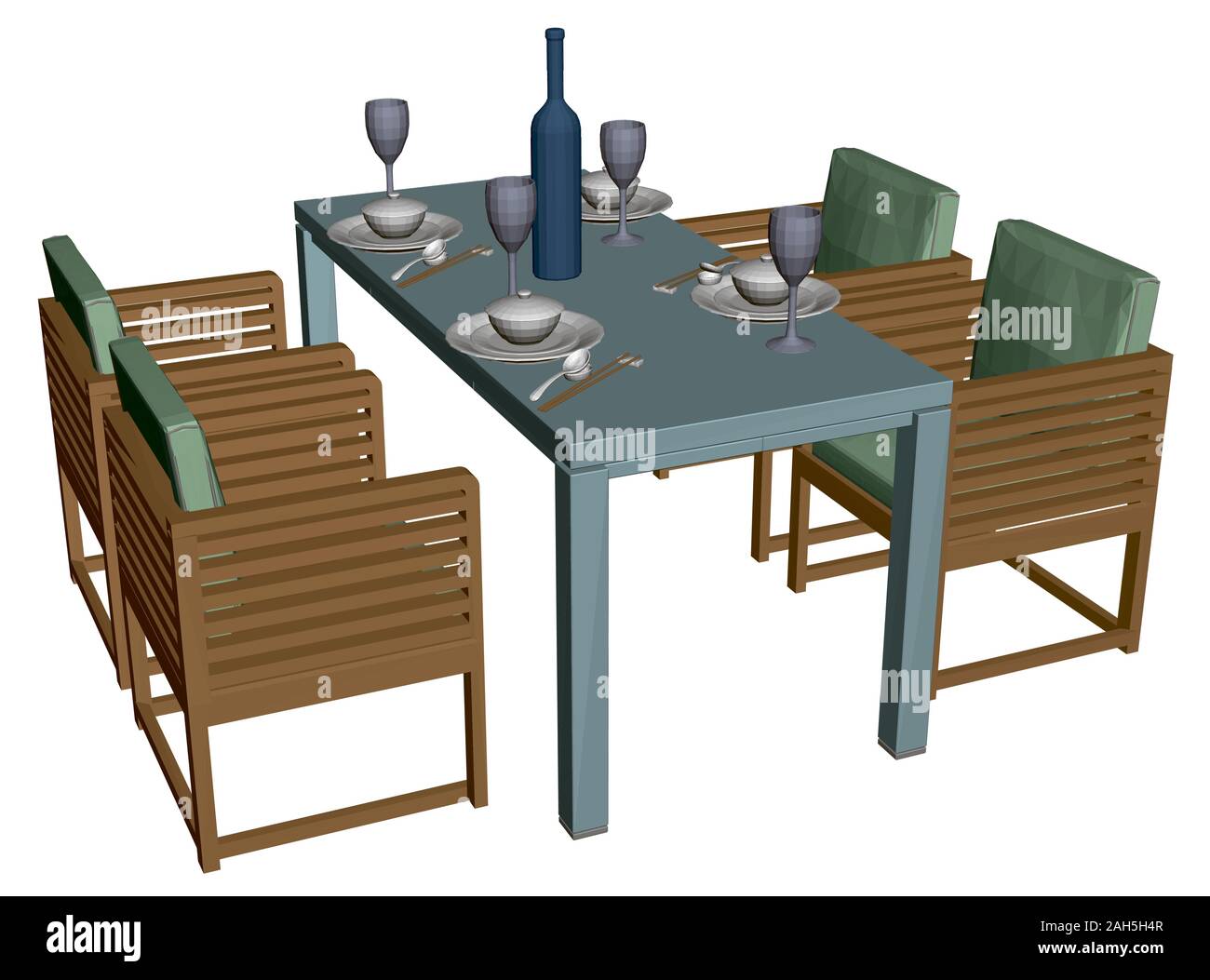 Tabelle mit Tellern, Gläsern und einer Flasche Wein. Japanisches Essen. Vier Sesseln neben einem rechteckigen Tisch. Anzeigen Perspektive. 3D. Vector Illustration. Stock Vektor