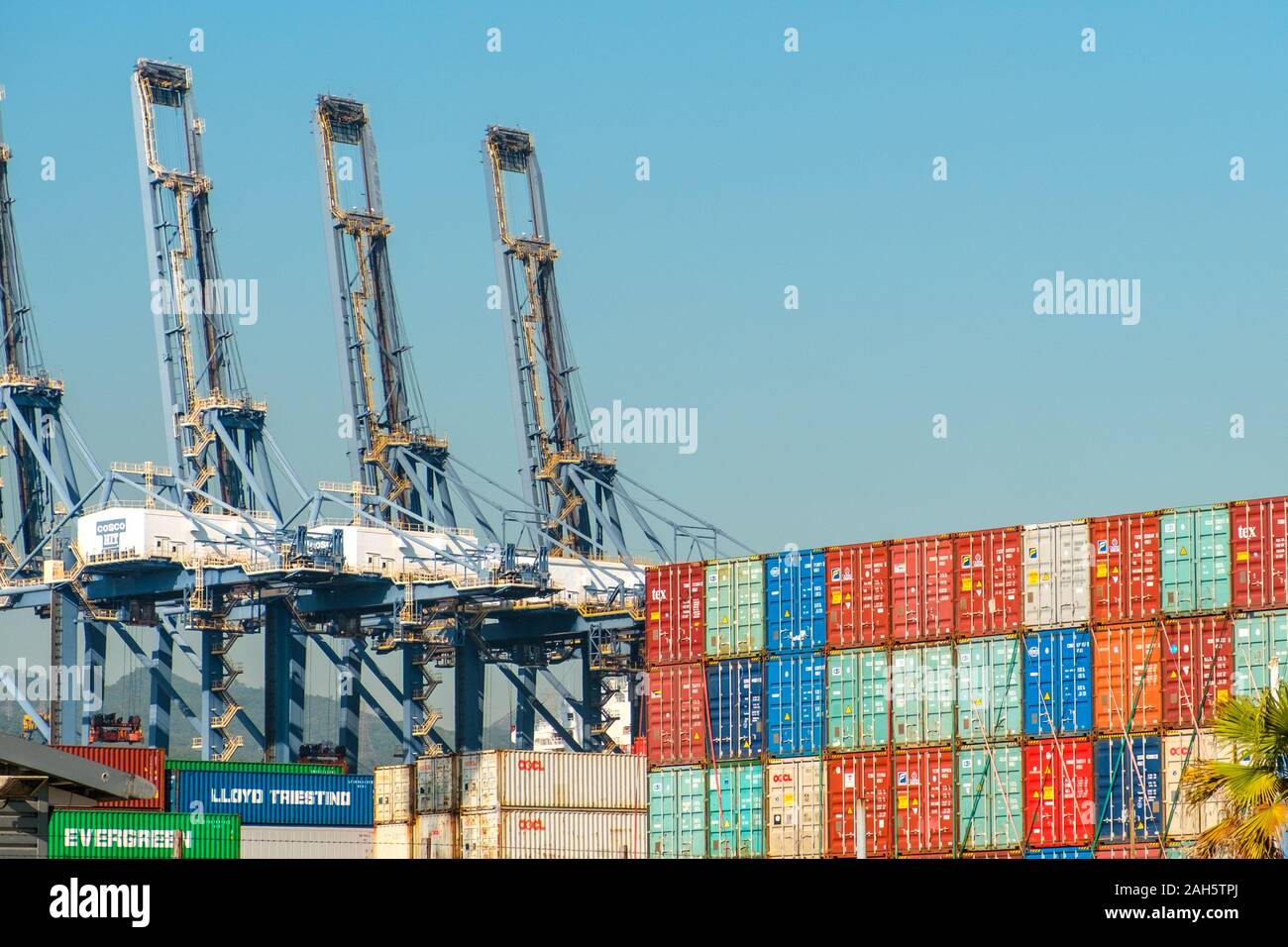 HongKong, China - November 2019: gestapelte Container auf Fracht Hafen Logistik Zentrum in Hongkong Stockfoto