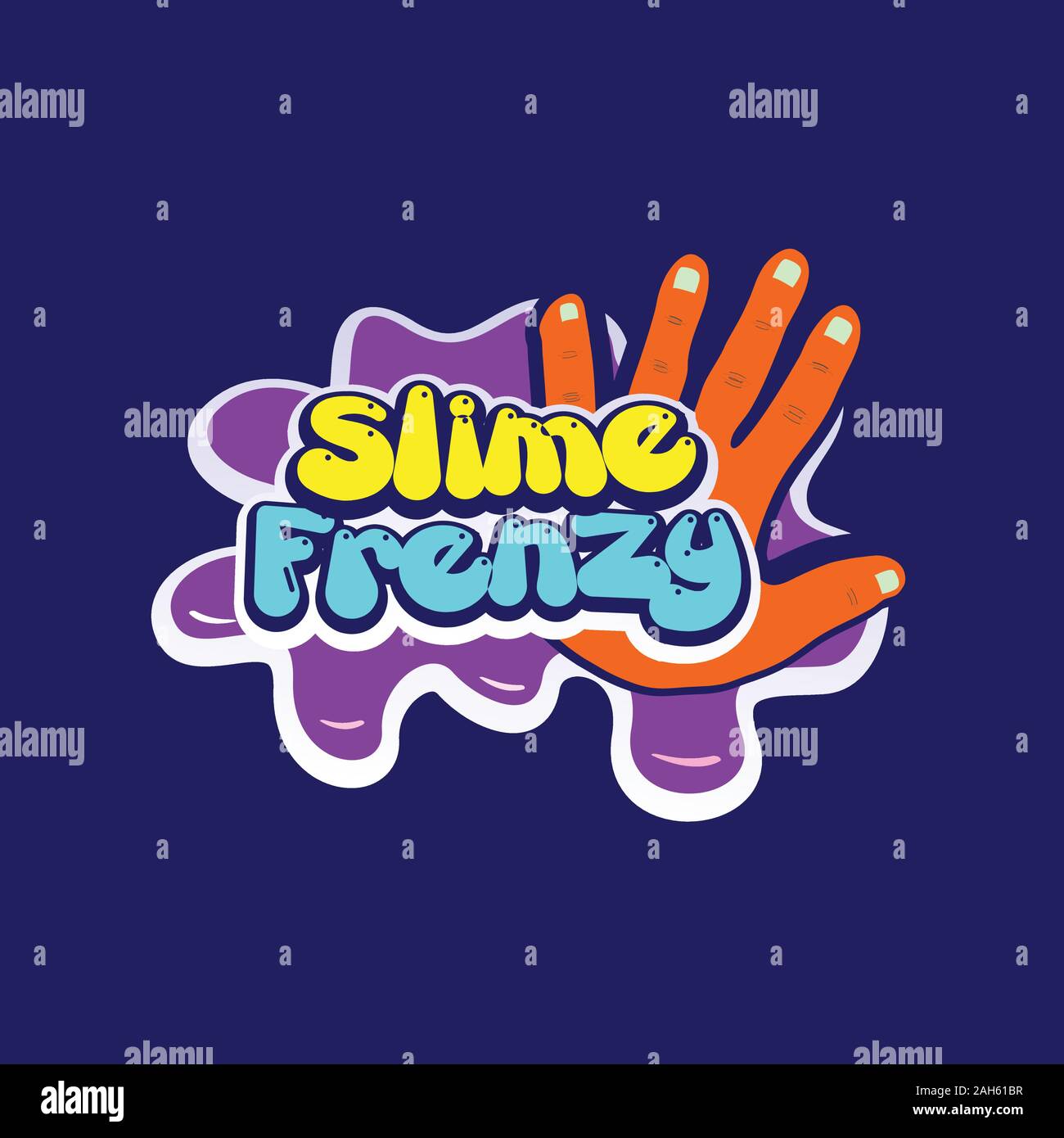 Schleim Frenzy Logo Konzept, Spaß flüssig spielen Logo Design Vorlage, Hand Element, flüssig Spielzeug, Kid Zone, Orange, Lila, Gelb, Blau, bunt Tosca Stock Vektor