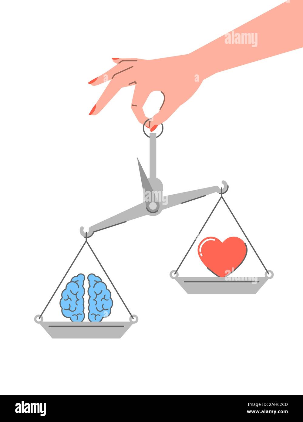 Logik vs Emotionen. Flache linearvektor Konzept. Konflikt zwischen rationalem Denken und Gefühle. Weibliche Hand hält Balance Waagen mit Gehirn Symbol und Stock Vektor