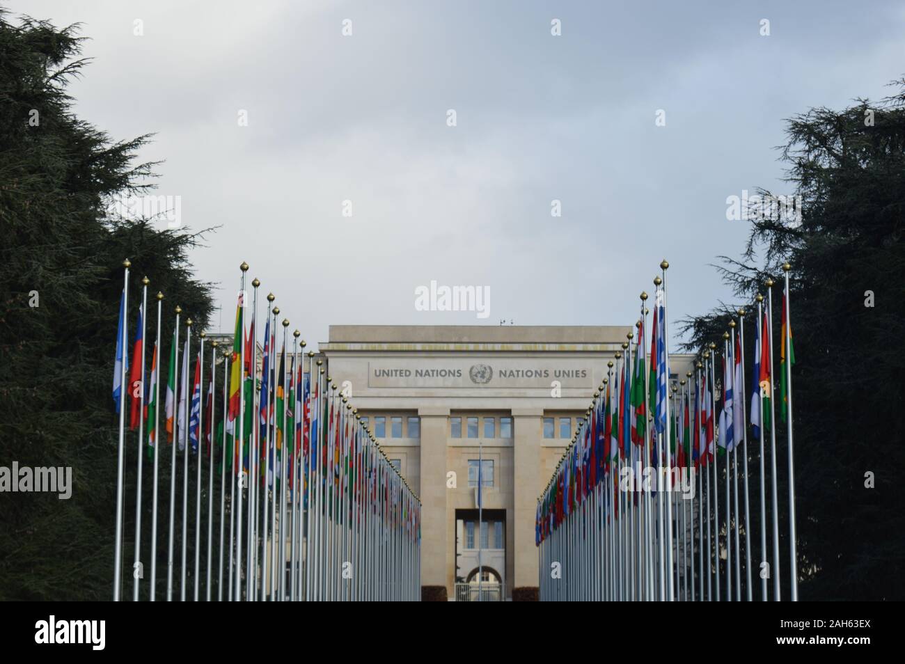 Genf, Schweiz. 21. Dezember 2019. Nationalflaggen am Eingang des Büros der Vereinten Nationen (Palais des Nations) in Genf. Stockfoto