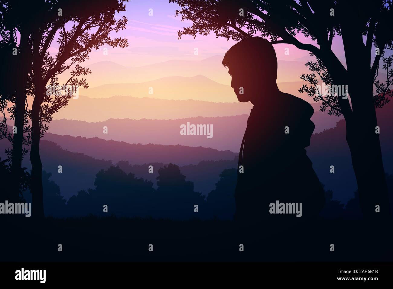 Natürliche Wald Bäume Berge berge Silhouetten, Bäume und Hügel am Abend Sonnenuntergang und Sonnenaufgang Landschaftstapete Illustration Vektor Stock Vektor