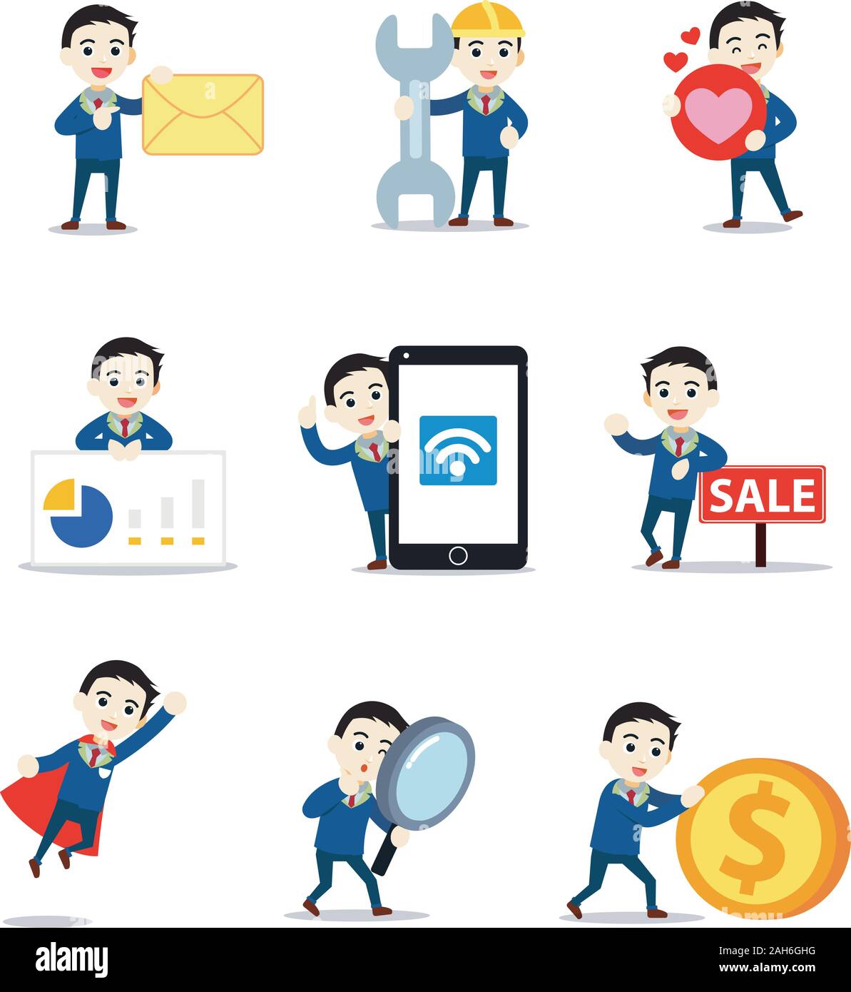 Satz von Zeichen Rechtsanwalt Mann in Jurist Beruf. Stock Vektor