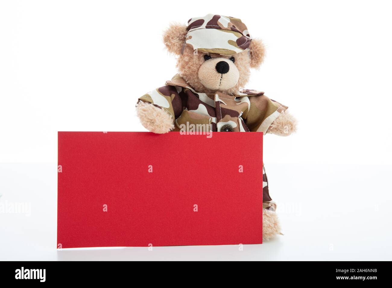 Armee, militärisches Konzept. Niedlichen Teddybären in Soldat einheitliche Holding eine leere Rote Karte vor weißem Hintergrund, kopieren Raum Stockfoto