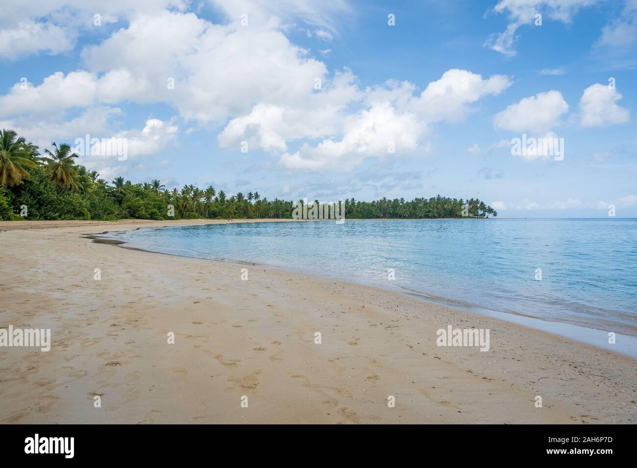 Ein Blick auf die tropischen Strand mit Meer, Sand und blauer Himmel, Grand Bahia Beach, El Portillo, Halbinsel Samana, Dominikanische Republik. Stockfoto