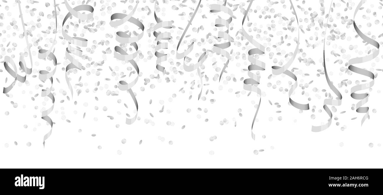 Vector Abbildung: Nahtlose silberfarbene Konfetti und Luftschlangen für Fasching oder Party time auf weißem Hintergrund Stock Vektor